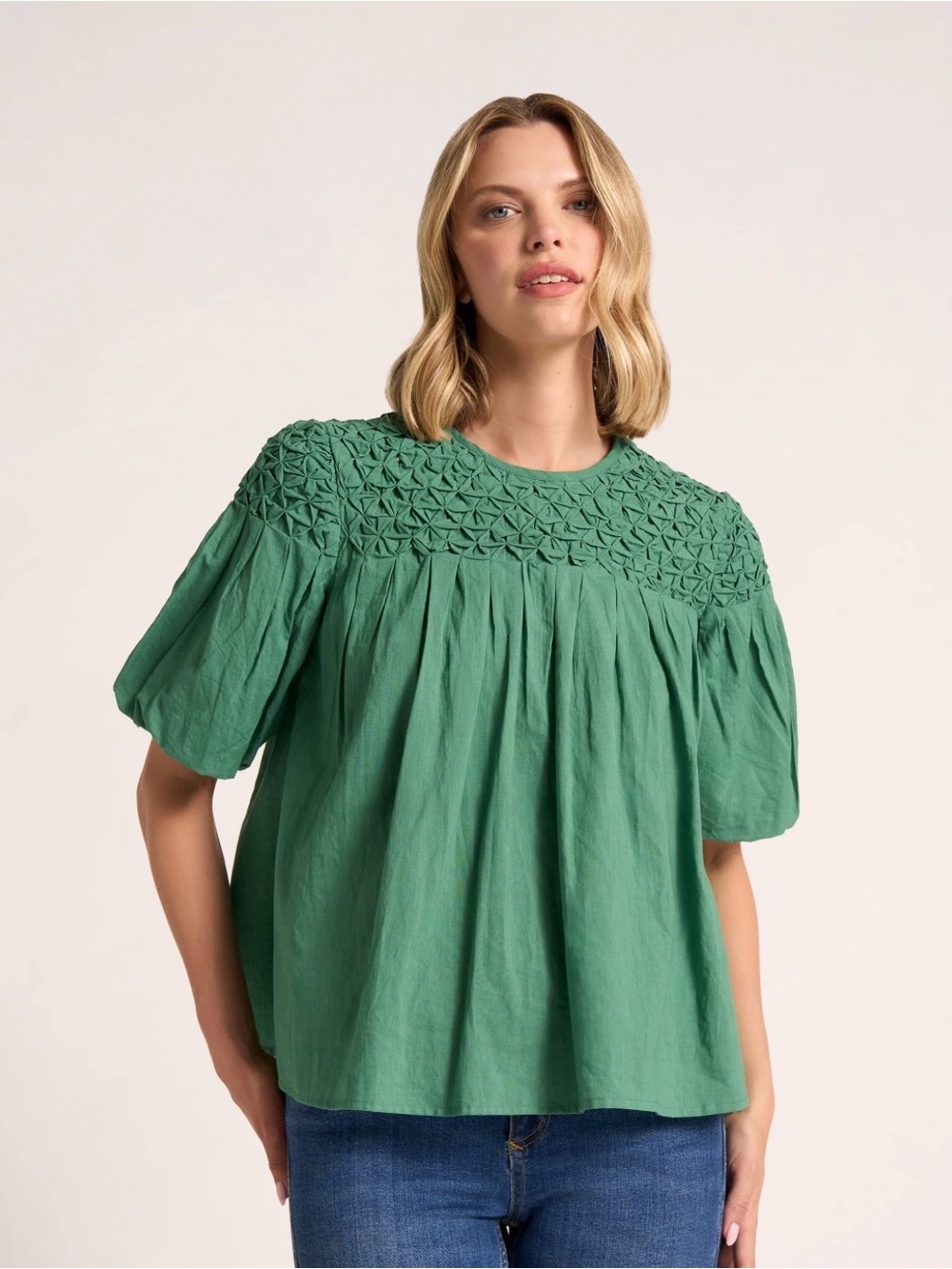 Anthropologie Green Smocked Yoke Puff Sleeve Top
